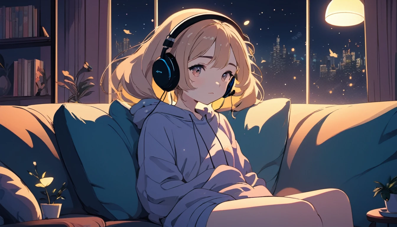 A girl with headphones on is sitting comfortably on a sofa at night, Wide-angle lens, Lofi Anime, Lofi illustration, Aesthetic atmosphere, Lo-Fi Style, Vector art, Flat Design, Simple shape, Warm tones, Pleasant atmosphere, Chill, In anime style, Digital drawing, Vector art, Vector logo for t-shirt printing, (Adorable:1.5), (small:1.4), (Playful:1.2), (soft:1.3), (Whimsical:1.1), masterpiece, Highest quality, 8K, Intricate details, grow, Celestial, Mysterious, Picturesque, amazing, Majestic, Magic, Fantasy art, Cover art, dream-like