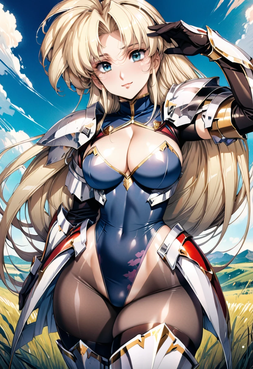 ((highest quality)), ((masterpiece)), ((hyperrealistic)), (detailed background), solo, 1girl, ((curvy: 1.2)), kawaii, gentle smile, ((Princess Knight)), langrisser, blonde braided long hair, ((Navy Camouflage leotard leotard: 1.5)), (paladin armor: 1.3), ((ArmoredDress)), ((Tight-fitting leotard bodysuit)), ((large breasts)), ((arm guard gauntlet)), leather long gloves, ((zettai ryouiki thigh boots)), (big butt), (cleavage cutout), (Groin), (thigh), (See-through black pantyhose), beautiful aqua eyes, droopy eyes, parted bangs, perfect face, Perfect hands, perfect fingers, Blue sky and grassland, posing, 