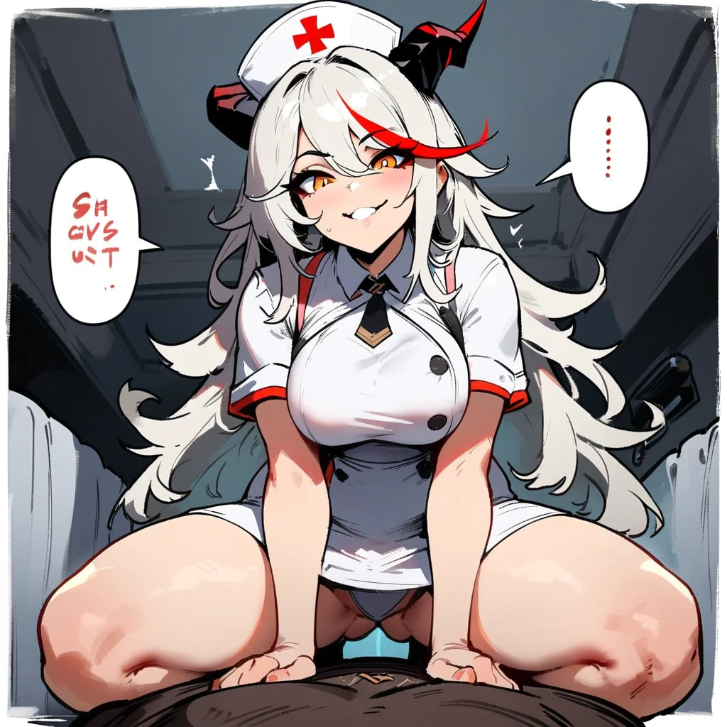 1girl, aegir \(azur lane\), azur lane \\\\\ masterpiece, best quality, very aesthetic, absurdres, newest \\\\\\ sportive body,  \\\\\\ by nyantcha,,by cutesexyrobutts,by khyle ///// white hair with a single prominent red streak, black horns, yellow eyes,  , white (nurse outfit:1.2), skirt,  , white pencil skirt, nurse cap, , , a red cross on the cap,,  , horny smile,pov, , cowgirl position.below view, ,boy lying in a cot, , speech bubble.Kneeling, pov, she on top