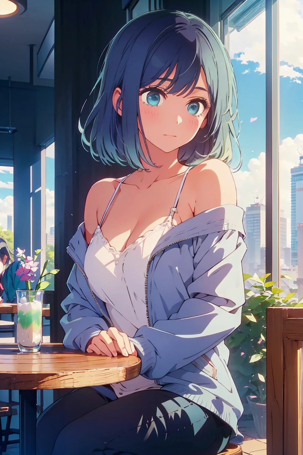 (Highest quality:1.4、8K:1.4、detailed)、F cup bust、Big Breasts、Slim body、Very white beautiful skin、((((1 person、smile、Surprised expression、sit、Chair、In the background are the urban buildings of Tokyo、looking at the camera、Indoor cafe terrace、Navy hair color、juice、Shooting up close、table、Very cute face))))、(nude、Areola)、(Hands tuck hair behind ears:1.4)、Very blue sky、A completely cloudless sky、Off-the-shoulder zip-up jacket