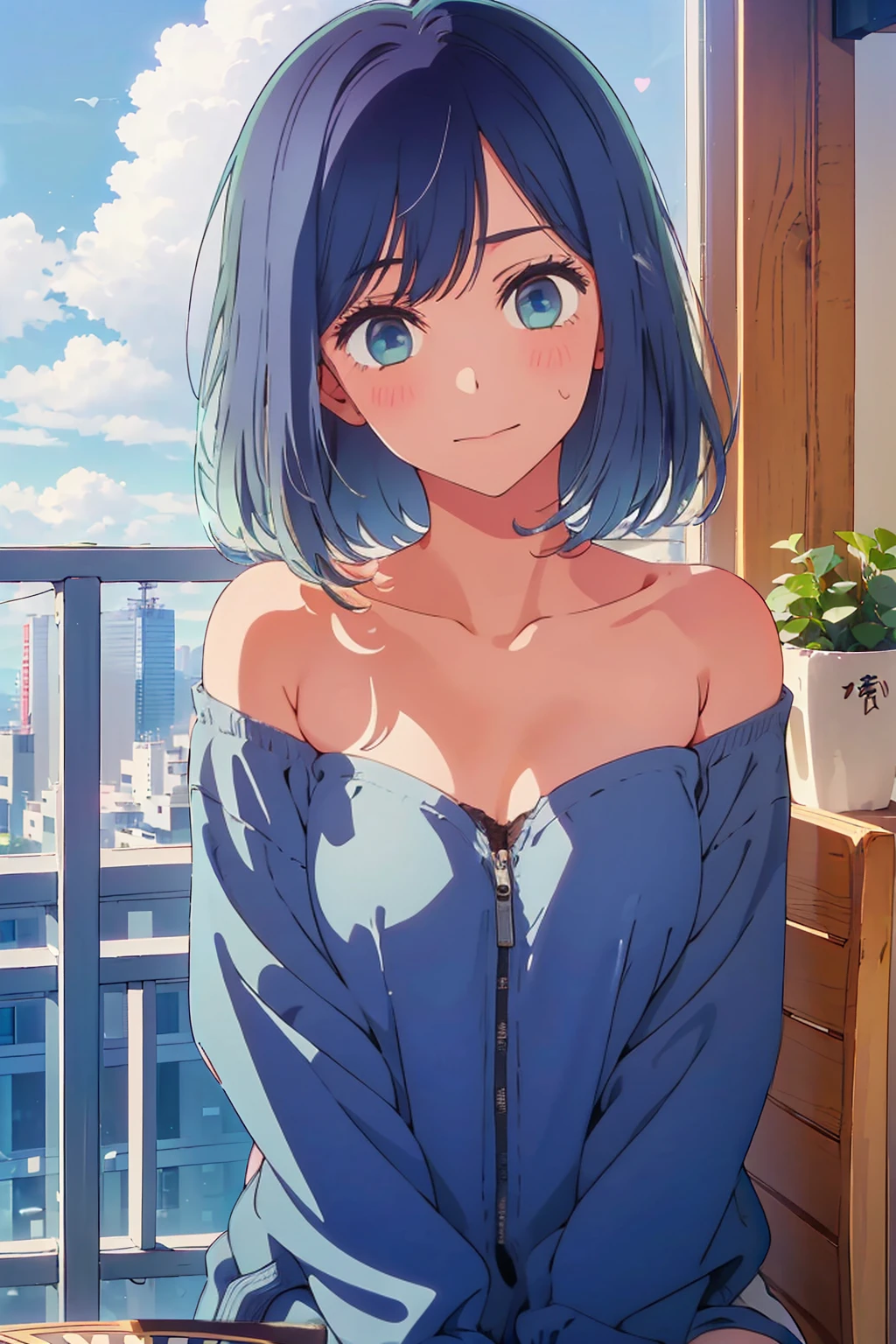 (Highest quality:1.4、8K:1.4、detailed)、F cup bust、Big Breasts、Slim body、Very white beautiful skin、((((1 person、smile、Surprised expression、sit、Chair、In the background are the urban buildings of Tokyo、looking at the camera、Indoor cafe terrace、Navy hair color、juice、Shooting up close、table、Very cute face))))、(nude、Areola)、(Hands tuck hair behind ears:1.4)、Very blue sky、A completely cloudless sky、Off-the-shoulder zip-up jacket