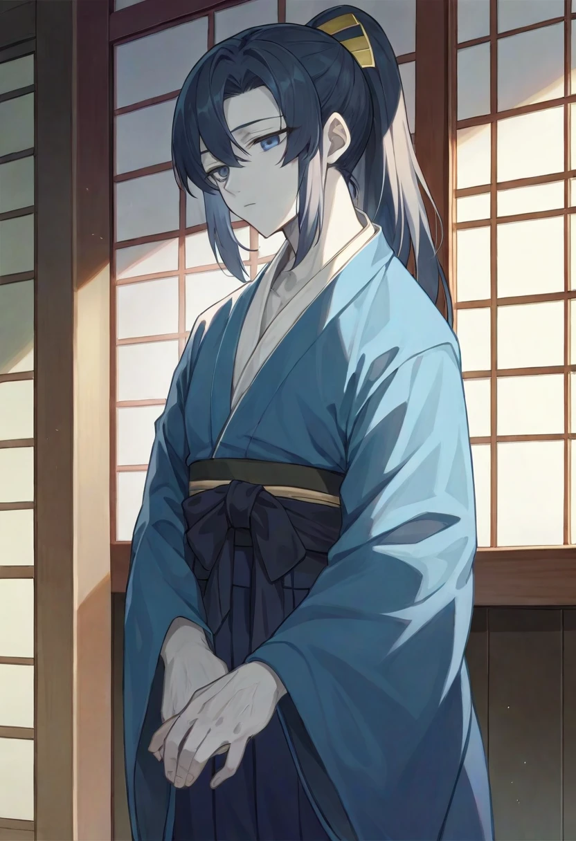 Anime character wearing a black kimono inside a blue kimono, inspired by Okumura Masanobu, ((wearing a noble robe)), Blue Robe, In kimono, hijikata toushirou, wearing only a Blue Robe, dressed in a Blue Robe, Hakama kimono、ponytail、Long Hair、Beautiful grey eyes、beautiful girl、Mouth closed、かっこいいbeautiful girl、Dignified、Gray-like hair、20-year-old、White Skin、Small breasts