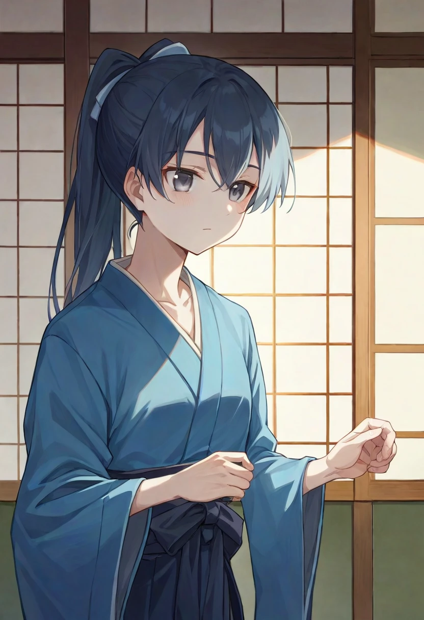 Anime character wearing a black kimono inside a blue kimono, inspired by Okumura Masanobu, ((wearing a noble robe)), Blue Robe, In kimono, hijikata toushirou, wearing only a Blue Robe, dressed in a Blue Robe, Hakama kimono、ponytail、Long Hair、Beautiful grey eyes、beautiful girl、Mouth closed、かっこいいbeautiful girl、Dignified、Gray-like hair、20-year-old、White Skin、Small breasts