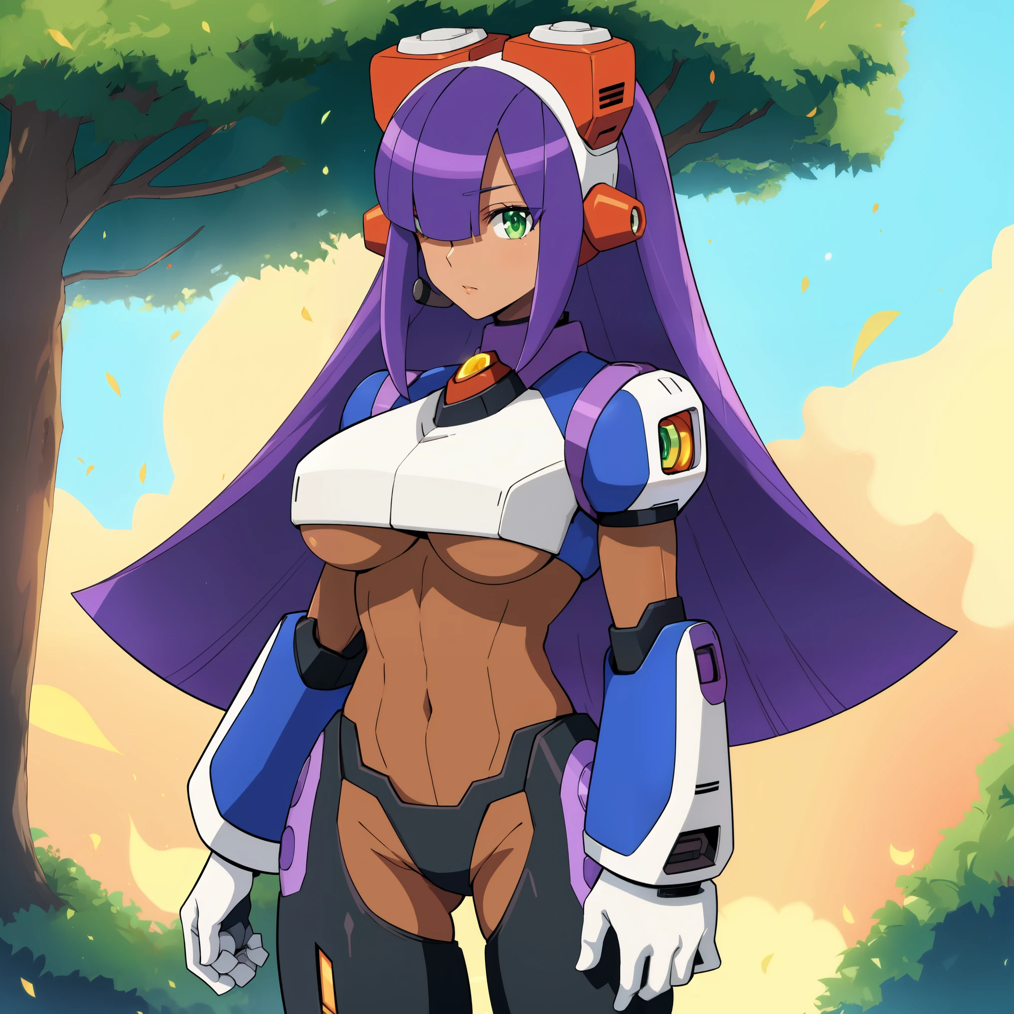 layer_megamanx, 1girl, solo, long hair, purple hair, green eyes, blunt bangs, hair over eyes, large breasts, dark skin, dark-skinned female, android, underboob, robot ears, high quality, masterpiece, standing with green flames coming from a tree