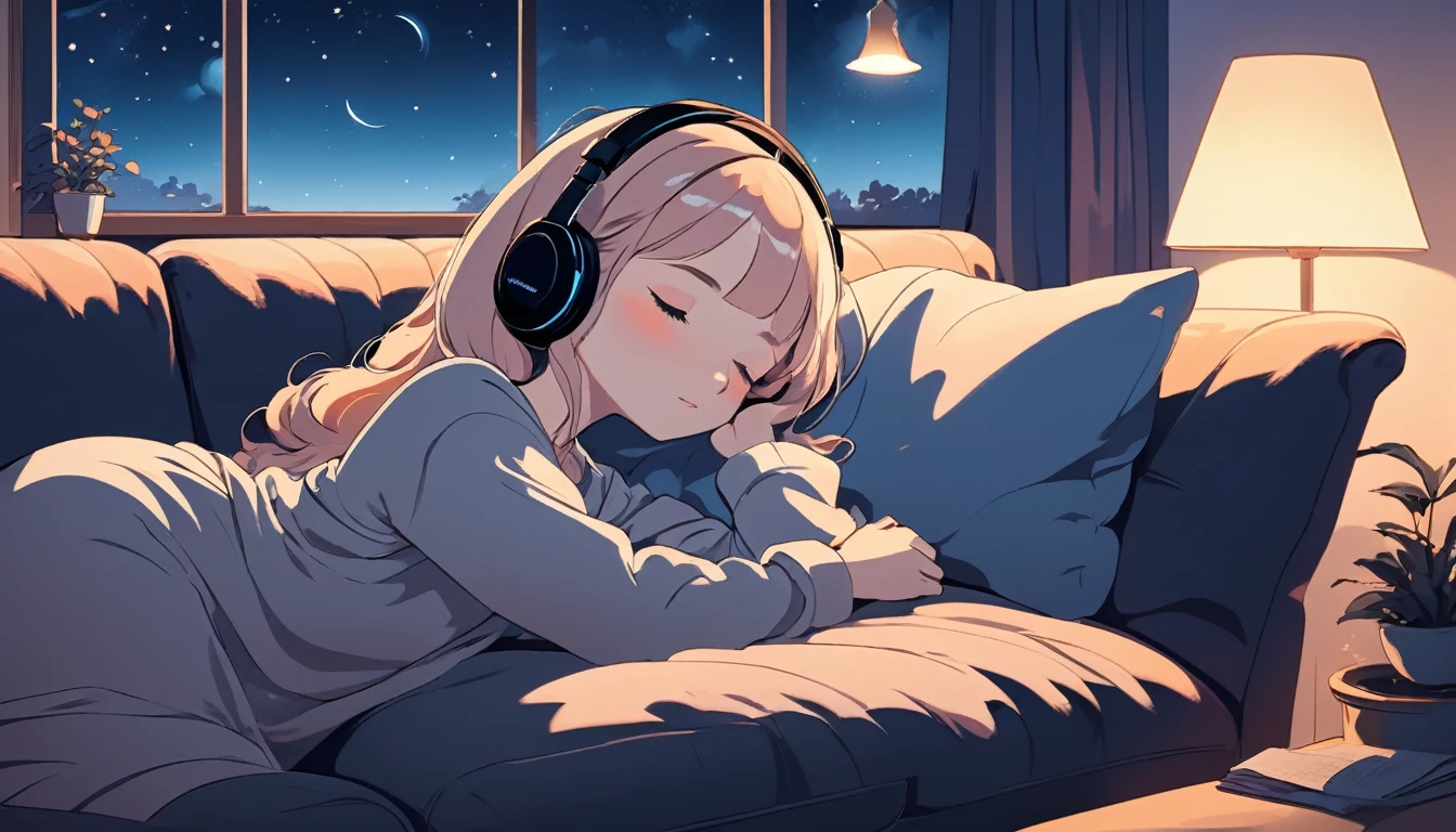 A woman wearing headphones is sleeping comfortably on a sofa at night, Wide-angle lens, Lofi Anime, Lofi illustration, Aesthetic atmosphere, Lo-Fi Style, Vector art, Flat Design, Simple shape, Warm tones, Pleasant atmosphere, Chill, In anime style, Digital drawing, Vector art, Vector logo for t-shirt printing, (Adorable:1.5), (small:1.4), (Playful:1.2), (soft:1.3), (Whimsical:1.1), masterpiece, Highest quality, 8K, Intricate details, grow, Celestial, Mysterious, Picturesque, amazing, Majestic, Magic, Fantasy art, Cover art, dream-like