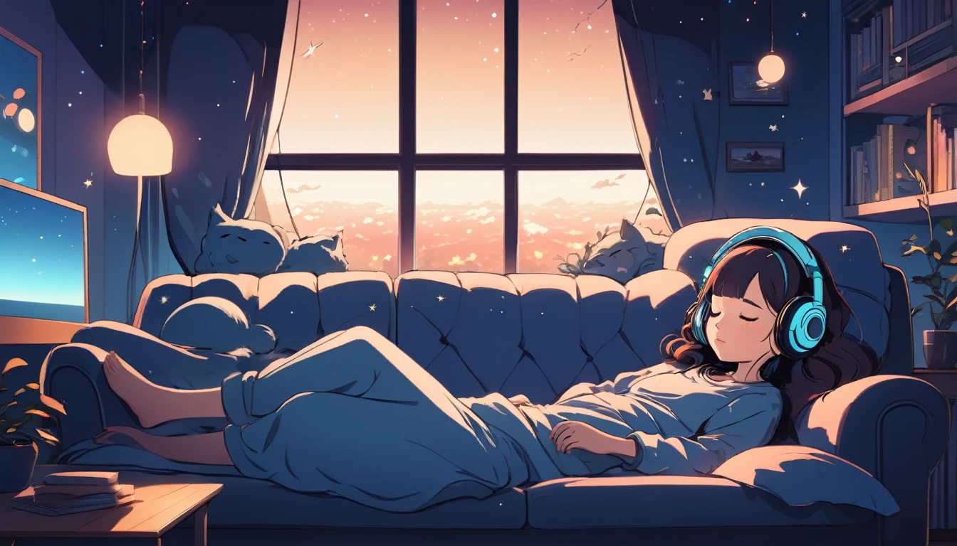 A woman wearing headphones is sleeping comfortably on a sofa at night, Wide-angle lens, Lofi Anime, Lofi illustration, Aesthetic atmosphere, Lo-Fi Style, Vector art, Flat Design, Simple shape, Warm tones, Pleasant atmosphere, Chill, In anime style, Digital drawing, Vector art, Vector logo for t-shirt printing, (Adorable:1.5), (small:1.4), (Playful:1.2), (soft:1.3), (Whimsical:1.1), masterpiece, Highest quality, 8K, Intricate details, grow, Celestial, Mysterious, Picturesque, amazing, Majestic, Magic, Fantasy art, Cover art, dream-like