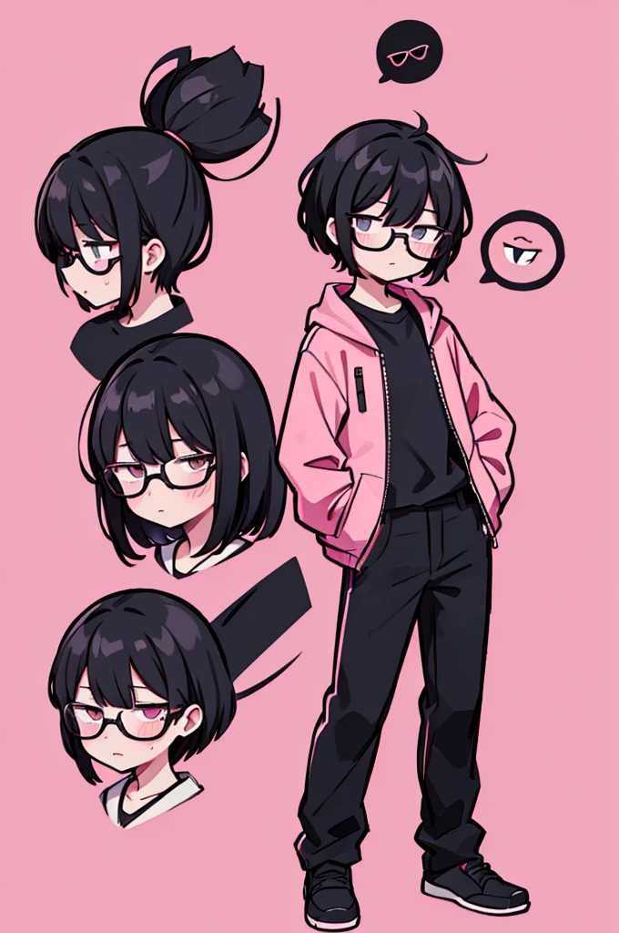 black pants, Sharp image, man, Black hair with pink ends, wearing a pink jacket. , has a dull, bored face, wears round glasses, has short, neat hair,