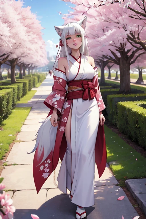 A young white haired wolf woman with green eyes and white wolf ears and a white wolf tail in a prettty kimono is  blushing while walking in a cherry blossom garden