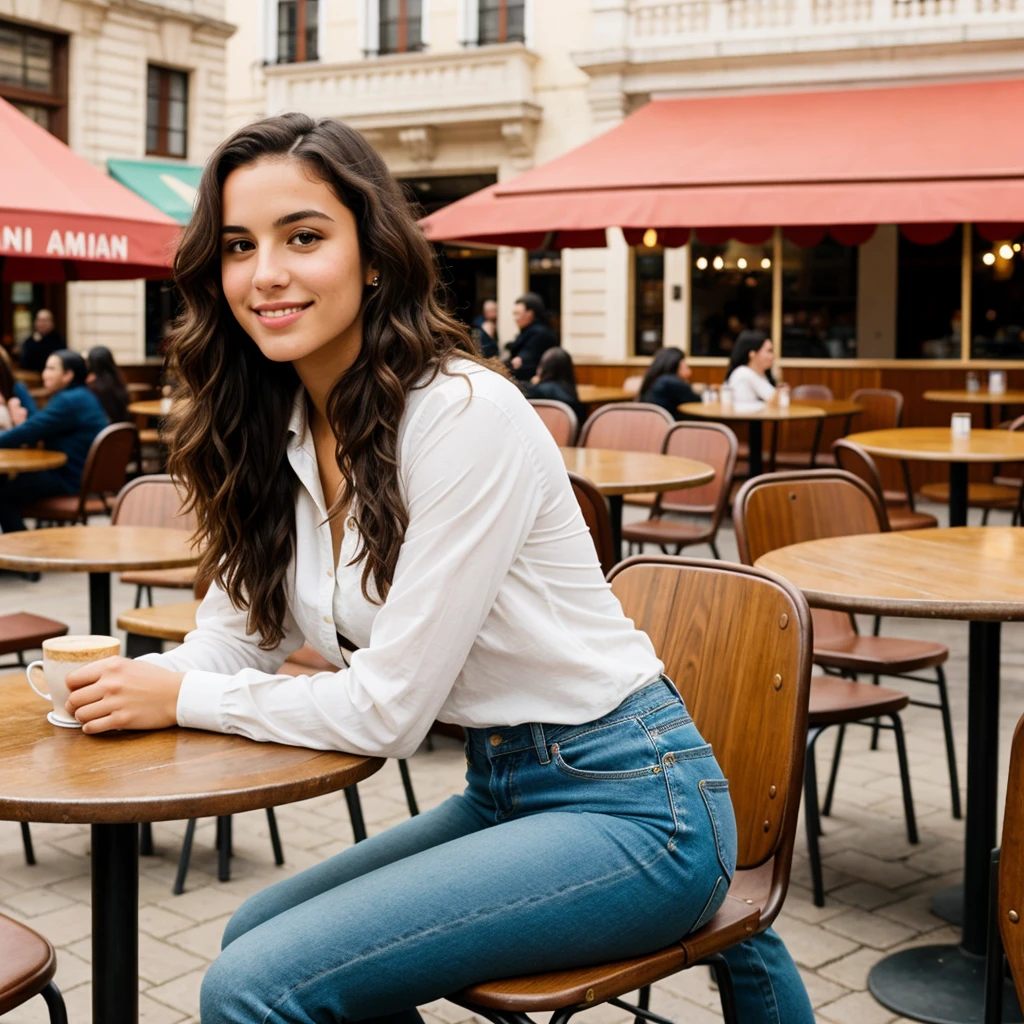 a female, south american, young adult, fit body, wavy brunette hair, wearing classic clothes, sitting on a chair and a round table in front of her, making a pose , cafe in the background .