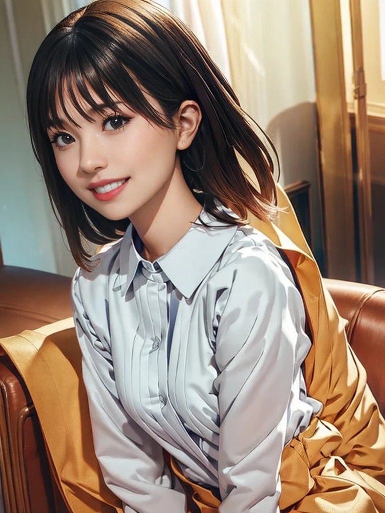 raw photo, 1girl, medium breast, collared blouse, light smile, detailed skin, pore, simple background, photorealistic, masterpiece, best quality, anatomically correct