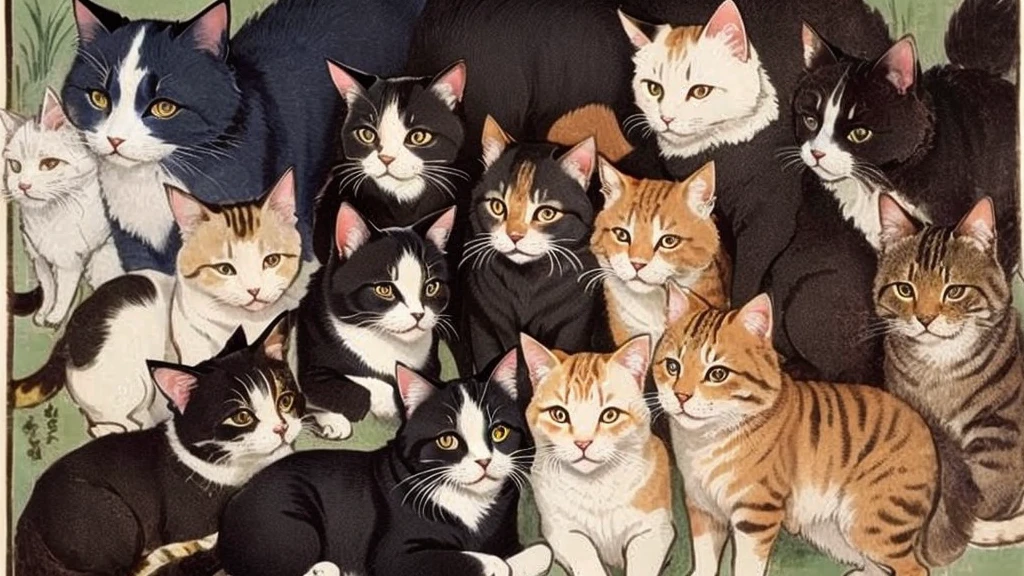 Close-up of a poster with lots of cats and dogs on it, Written by Zhongyuan Nantianfang, by Tōshi Yoshida, by Hanbei Yoshida, by Katsushika Ōi, by Tsuji Kakō, Watanabe Kazan, By Chizuko Yoshida, Written by Gusukukuma Seiho