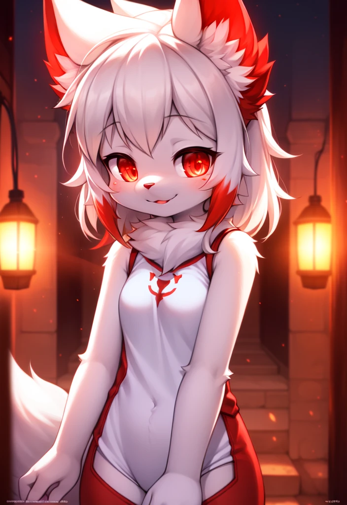 furry, white fur, ultra cute face, red elements on fur, glowing t-shrt, beautiful lights and shadows, ambient light, ultra detailed fur, volumetric light