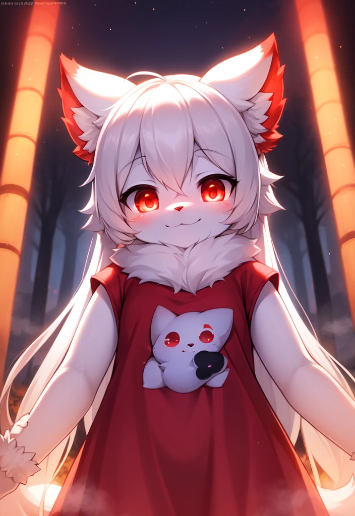 furry, white fur, ultra cute face, red elements on fur, glowing t-shrt, beautiful lights and shadows, ambient light, ultra detailed fur, volumetric light