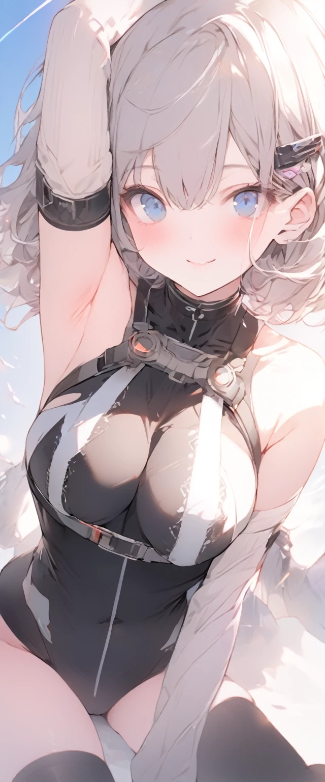 beautiful, masterpiece, Highest quality, anime, One girl, C Cup,Portrait Shot, View your viewers, Covered、Short Hair、nearby、Blue Eyes、art、、White hair,Blue streaked hair、wallpaper、hairpin、Cute smile、Thighs、Sci-fi hair accessories、Sci-fi knee-high boots、Cute、Sci-fi body stockings、blue sky、、Beautiful breasts、Sci-fi full harness、Lying on your back、Armpit