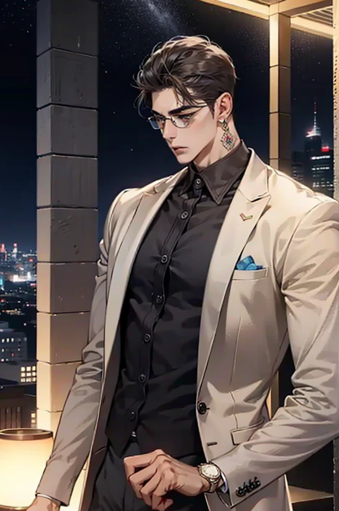 Baldhead,male,Red pupil,Glasses,earrings,Wear a watch on your left hand,Showing chest muscles,Tattoo,suit,trousers,walk,night
