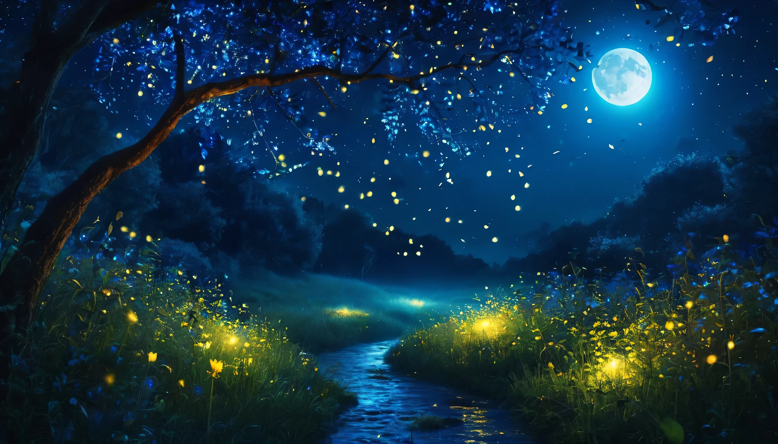 At night, countless fireflies fly around, another world, Fantastic World, Night illuminated by a blue moonlit night, Best image quality.