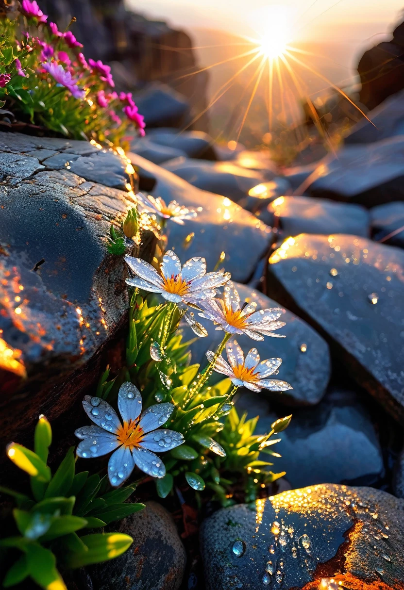 The first rays of sunlight in the morning，cliff，Dew drops on beautiful flowers in cracks of rocks，(sunrise)，Beautiful picture，HD Wallpapers