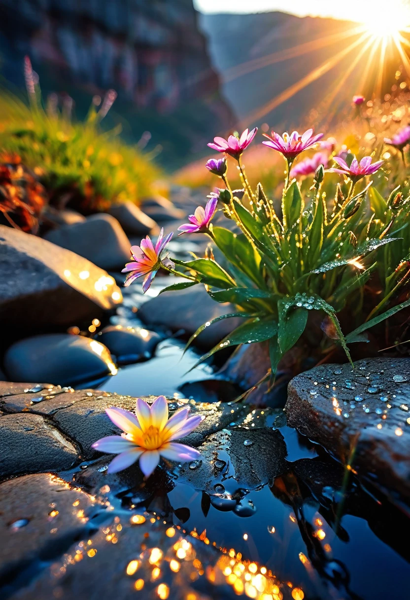 The first rays of sunlight in the morning,cliff,Dew drops on beautiful flowers in cracks of rocks,(sunrise),Beautiful picture,HD Wallpapers
