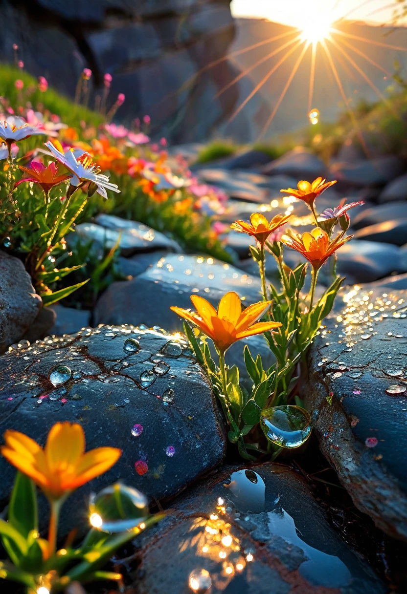 The first rays of sunlight in the morning，cliff，Dew drops on beautiful flowers in cracks of rocks，(sunrise)，Beautiful picture，HD Wallpapers