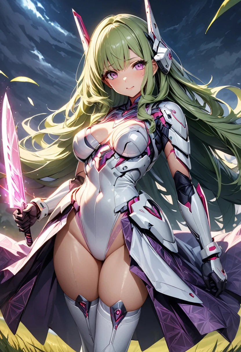 (Perfect Anatomy)、Mastepiece、Ultra High Quality、 8K、masterpiece、Highest quality、Ultra-high resolution、Maximum resolution、Very detailed、Professional Lighting、anime、woman、thin、so beautiful、Highly detailed eye、Highly detailed face、Green Hair,、Pink eyes、grassland, whole body, transformation heroine, white leotard, purple pattern, white thigh high boots, white opera length gloves, waist mechanical armor, (((mechanical headgear))), wrist mechanical armor