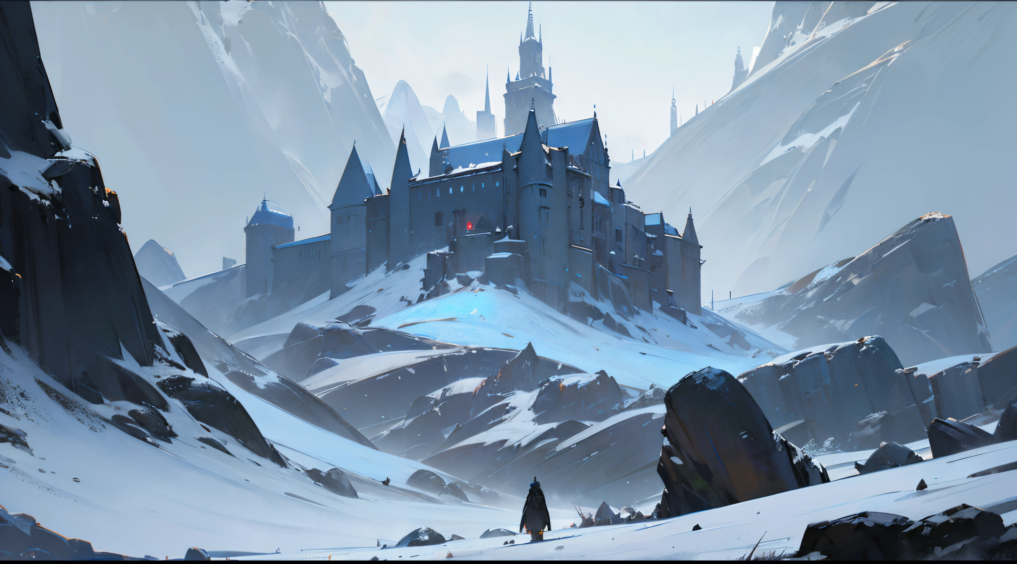 Castel sci-fi style on the mountain, snowy mountain, conceptual artwork, oil painting brush, Gothic style, 2d brush painting, cinematic,