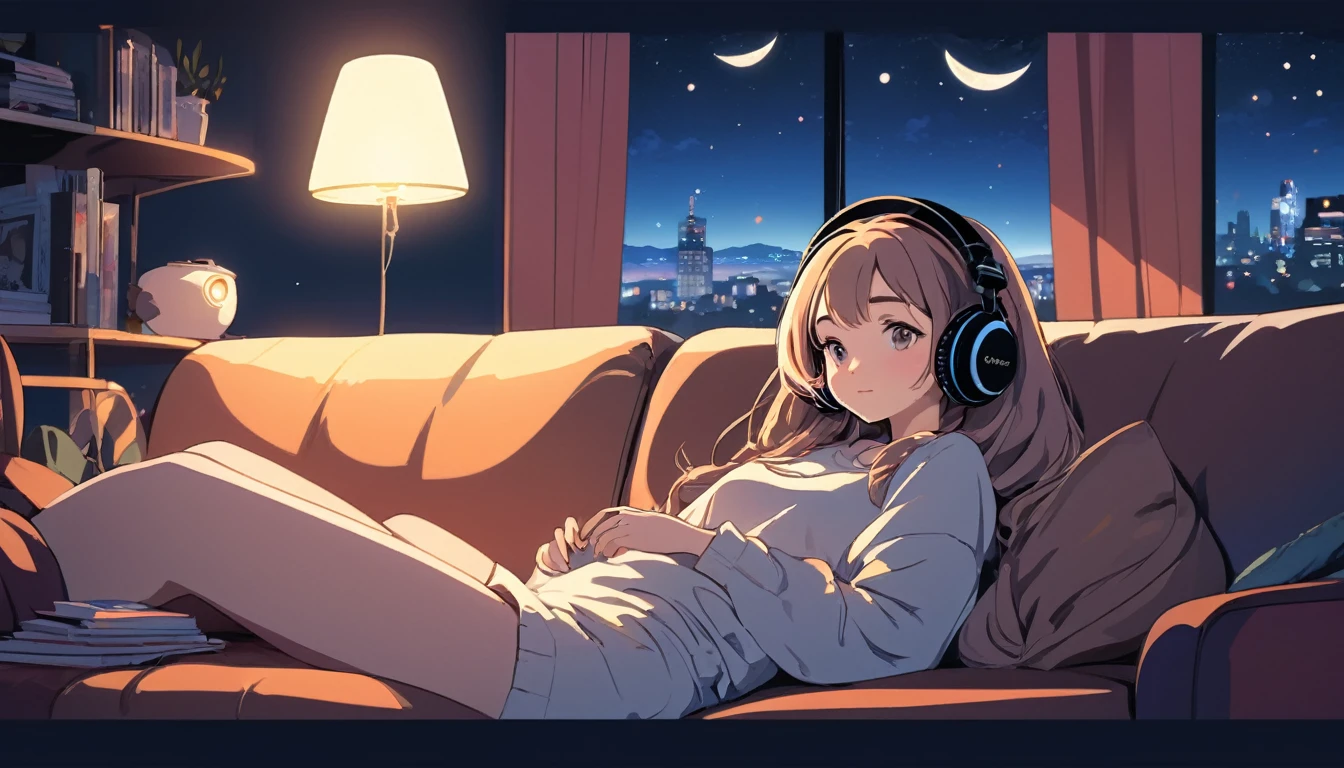 A girl with headphones on is sitting comfortably on a sofa at night, Wide-angle lens, Lofi Anime, Lofi illustration, Aesthetic atmosphere, Lo-Fi Style, Vector art, Flat Design, Simple shape, Warm tones, Pleasant atmosphere, Chill, In anime style, Digital drawing, Vector art, Vector logo for t-shirt printing, (Adorable:1.5), (small:1.4), (Playful:1.2), (soft:1.3), (Whimsical:1.1), masterpiece, Highest quality, 8K, Intricate details, grow, Celestial, Mysterious, Picturesque, amazing, Majestic, Magic, Fantasy art, Cover art, dream-like