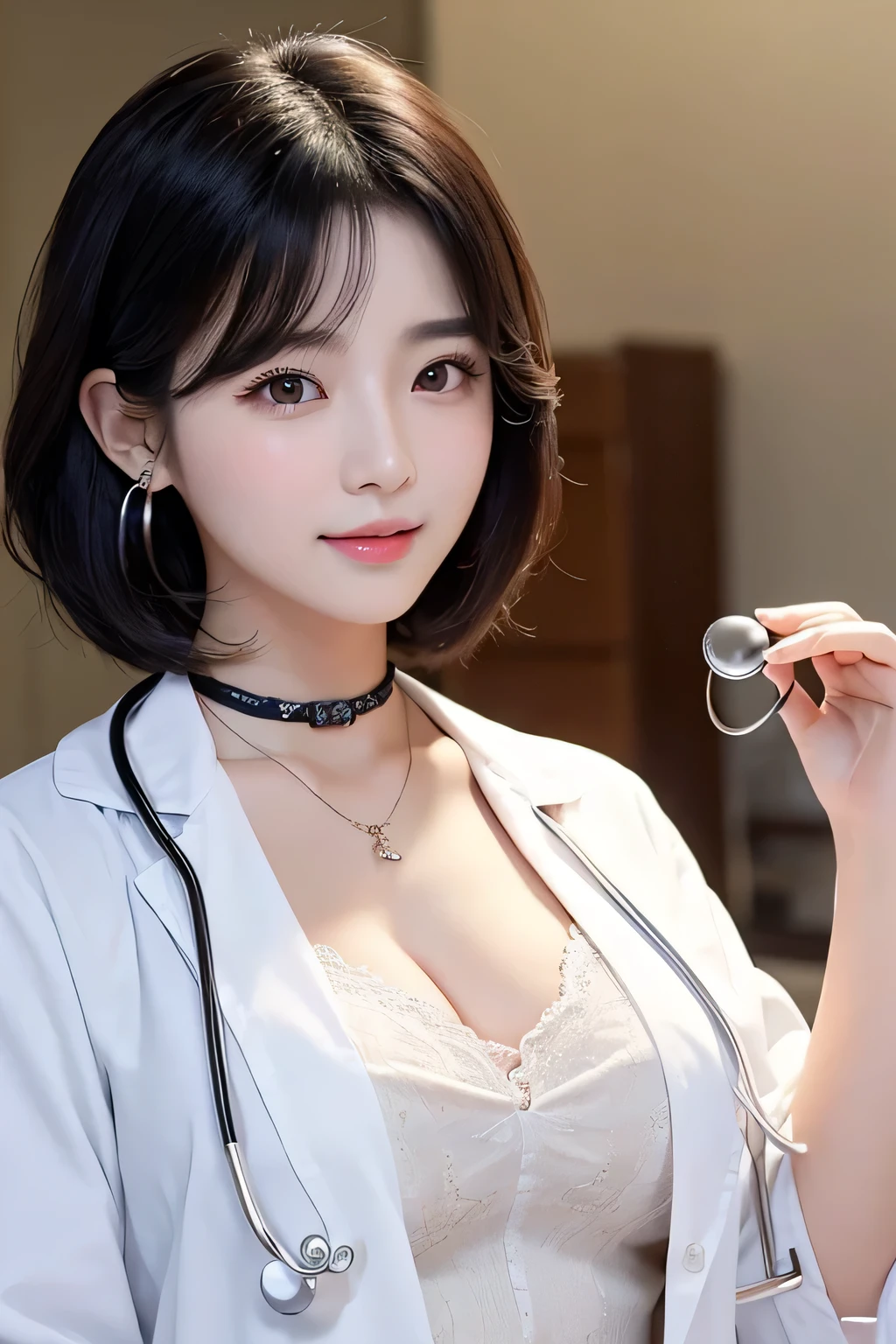 Beautiful young woman、 Korean women、Black Hair、Necklace around the neck、White、Big Breasts、Doctor's clothing、Stethoscope、Wavy Hair、short hair、Intricate details, Very detailed:1.2), 、 Looking into the camera,The background is the inspection room..、ear piercing