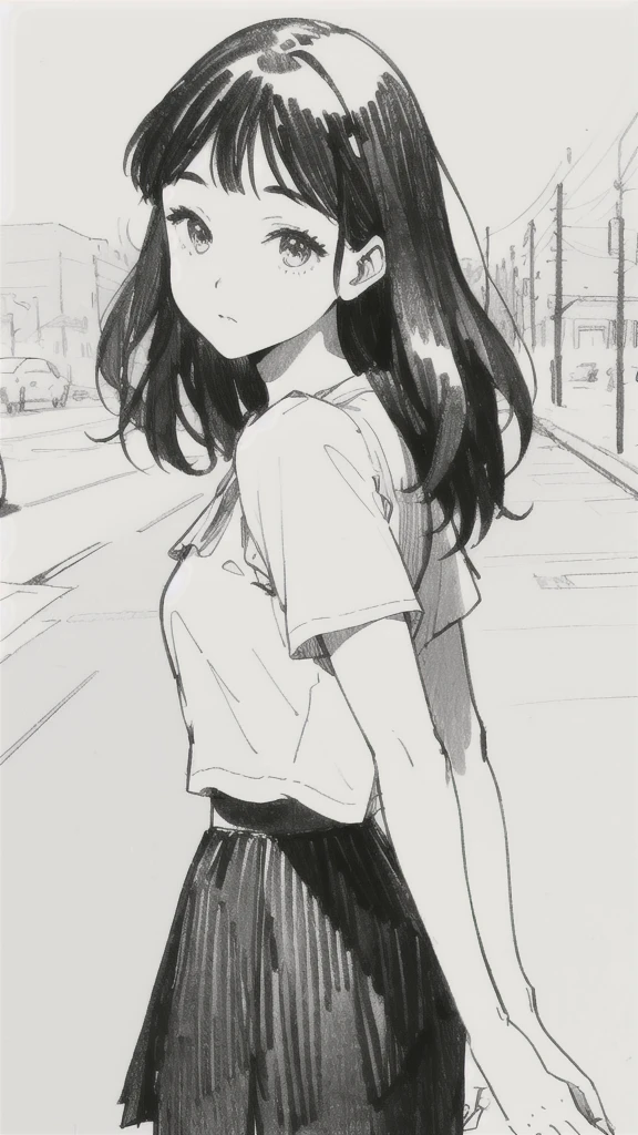 One Girl,Line art,Monochrome,sketch,Pencil drawing,Traditional Media,One Girl, skirt,Cute Teenage Girls, ,Beautiful portrait、Delicate body、Black Hair、Black Hair,landscape