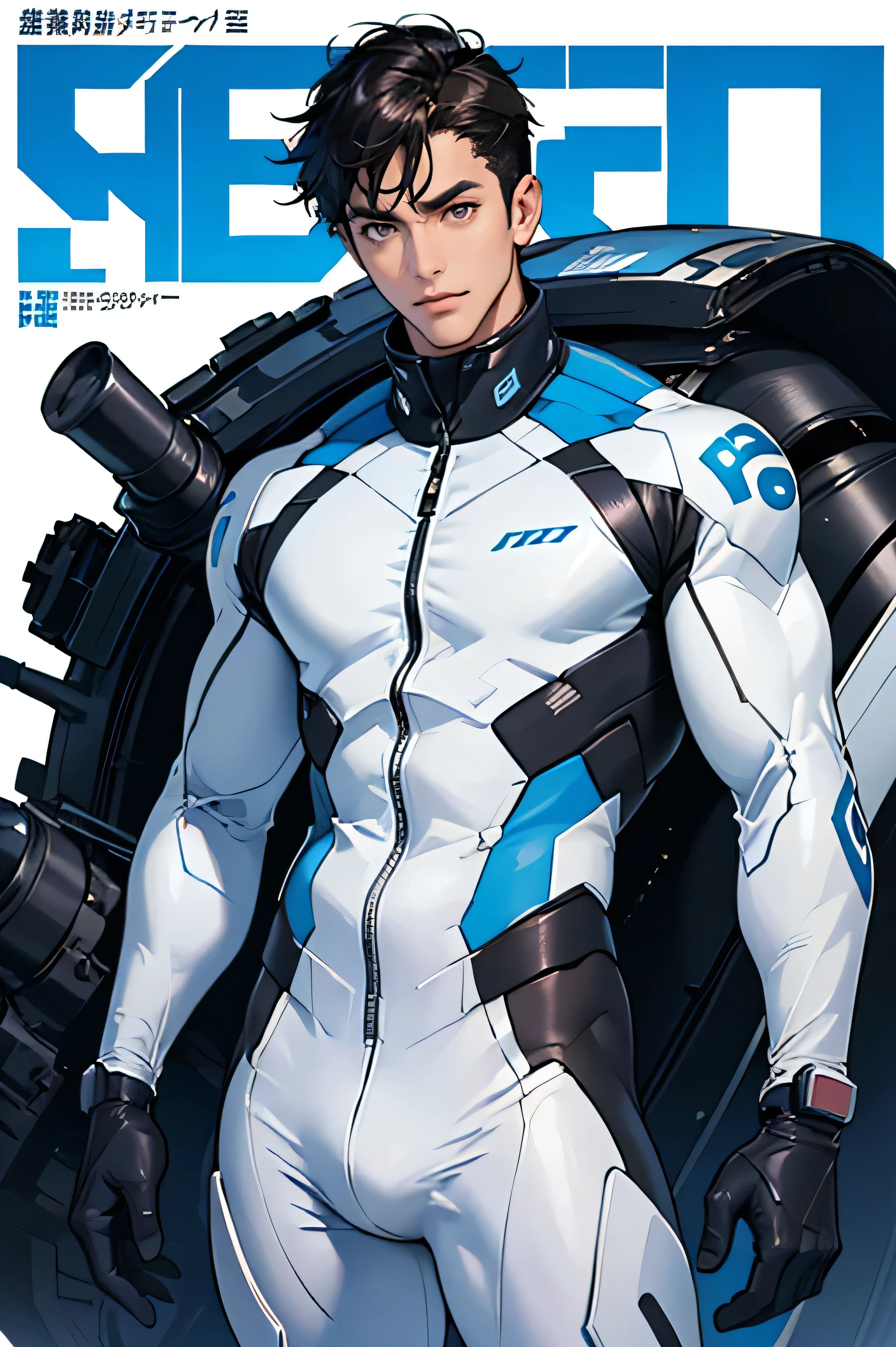 Handsome cyborg, 28 years old. brown eyes future universe science fiction The background is the galaxy universe The white and blue latex outfit was very tight. plug set glove Looking at the camera White belly very short, Cropped black hair scinece Magazine cover Magazine cover magazine cover style climb