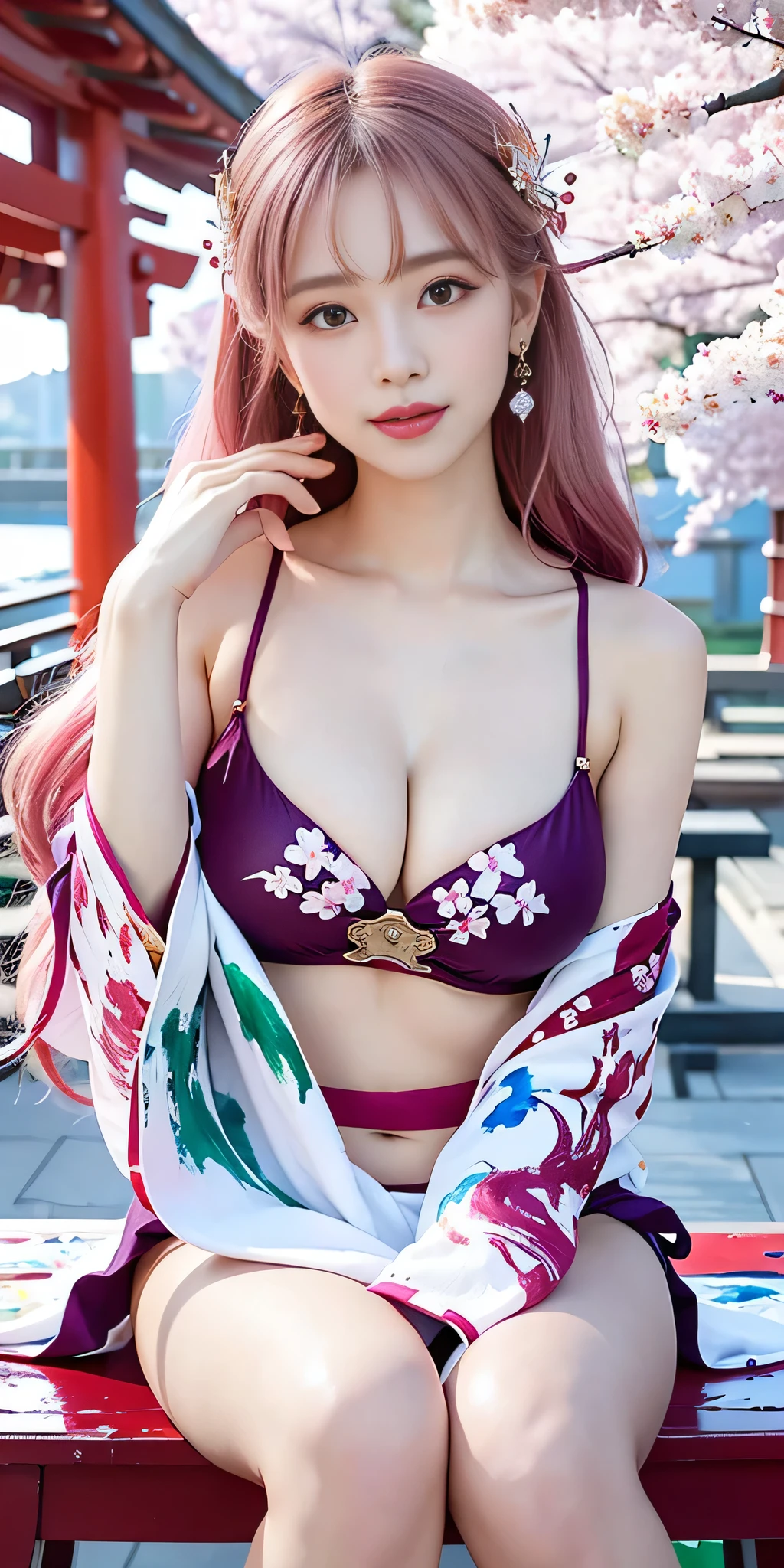 1girl, (ulzzang-6500:0.7), kpop idol, yae miko, bikini, detached sleeves, bare shoulders, pink hair, long hair, bikini, best quality, (painting:1.5), (hair ornament:1.35), jewelry, purple eyes, earrings, breasts, torii, cherry blossoms, lantern light, depth of field, detailed face, face focus, ribbon_trim, (looking at viewer:1.25), nontraditional miko, shiny skin, long sleeves, smile, thick lips, game cg, hands on lips, east asian architecture, (blurry background:1.2), sitting, upper body, bikini