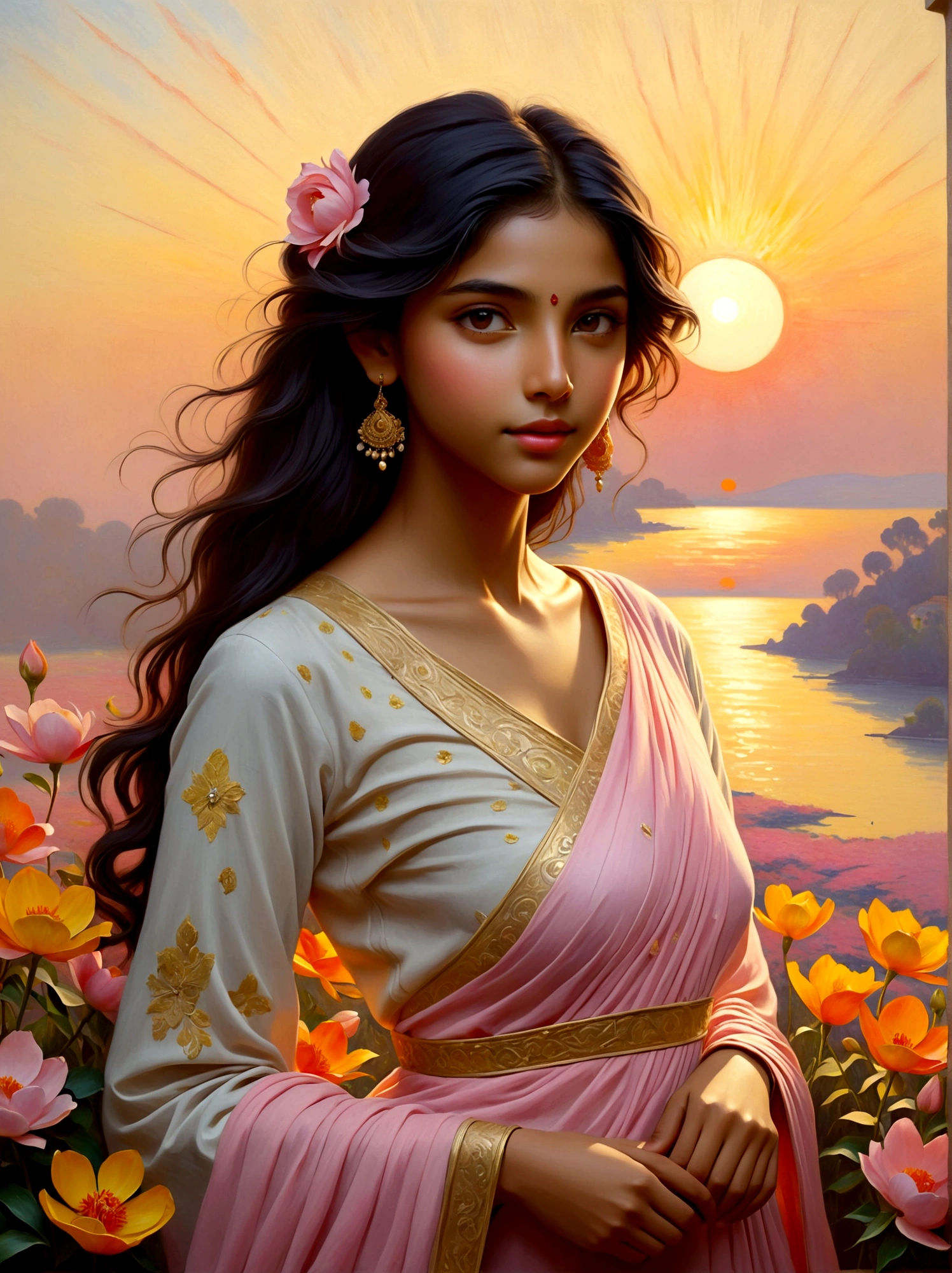 (Sunrise Time:1.6), Imagine a tranquil landscape at dawn, the sky adorned with the soft hues of pink, orange, and yellow. In this peaceful scene, see a young girl, captivating with her South Asian descent. She is posed serenely, showcasing an intricate dress ingeniously fashioned from an assortment of beautiful flowers that have just begun to bloom with the morning light. To complement a reference to the style of art, the entire scene should borrow inspiration from the Impressionist movement, with its emphasis on capturing the gentle light of dawn and its changing qualities, a characteristic feature of Monet's work. The medium predominantly used should be oil paints, mimicking vibrant strokes and a rich color palette that reflects the freshness of the morning