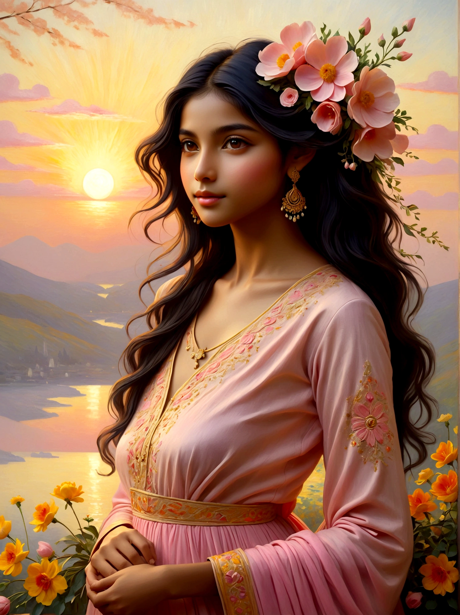 (Sunrise Time:1.6), Imagine a tranquil landscape at dawn, the sky adorned with the soft hues of pink, orange, and yellow. In this peaceful scene, see a young girl, captivating with her South Asian descent. She is posed serenely, showcasing an intricate dress ingeniously fashioned from an assortment of beautiful flowers that have just begun to bloom with the morning light. To complement a reference to the style of art, the entire scene should borrow inspiration from the Impressionist movement, with its emphasis on capturing the gentle light of dawn and its changing qualities, a characteristic feature of Monet's work. The medium predominantly used should be oil paints, mimicking vibrant strokes and a rich color palette that reflects the freshness of the morning