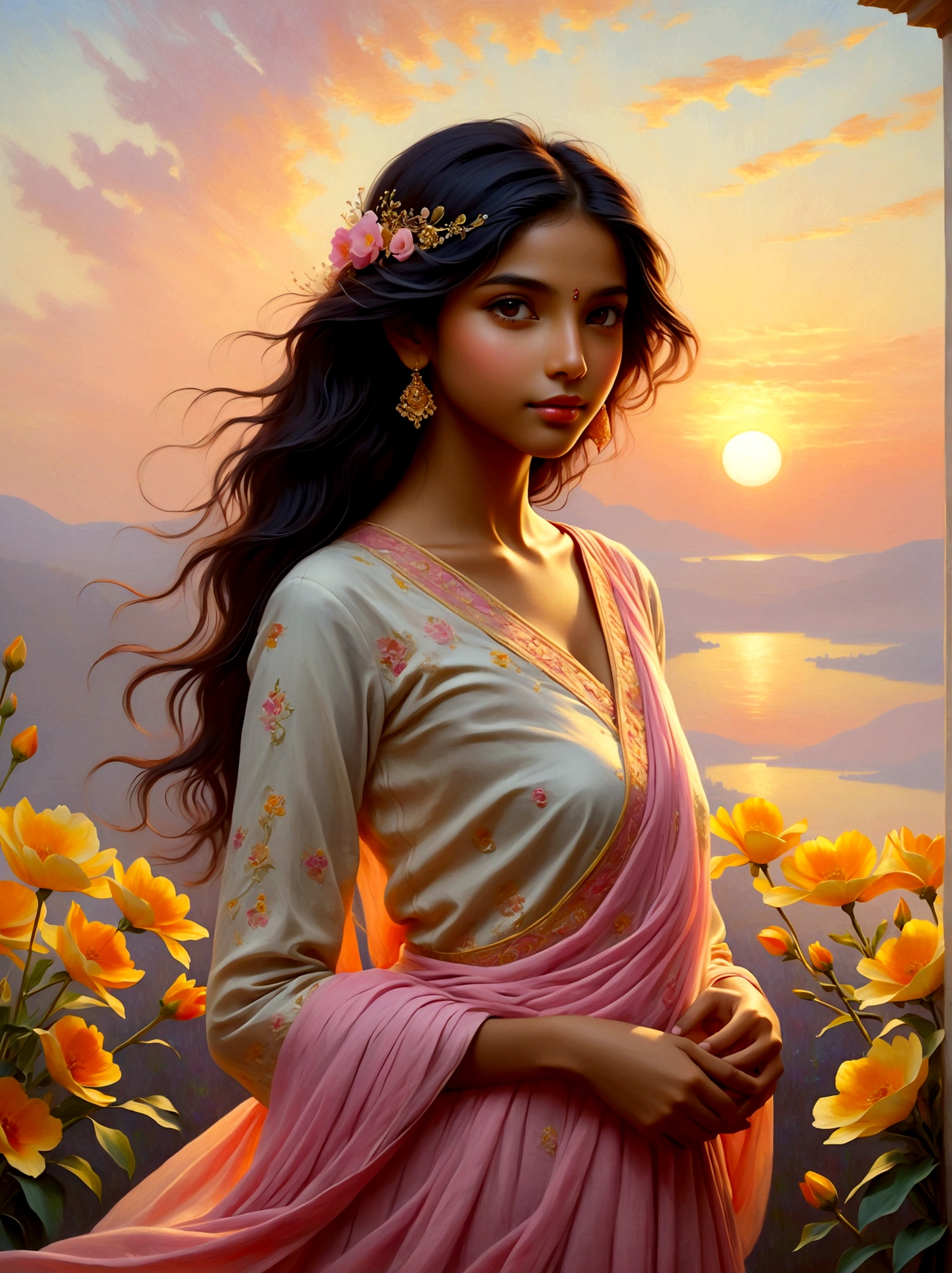 (Sunrise Time:1.6), Imagine a tranquil landscape at dawn, the sky adorned with the soft hues of pink, orange, and yellow. In this peaceful scene, see a young girl, captivating with her South Asian descent. She is posed serenely, showcasing an intricate dress ingeniously fashioned from an assortment of beautiful flowers that have just begun to bloom with the morning light. To complement a reference to the style of art, the entire scene should borrow inspiration from the Impressionist movement, with its emphasis on capturing the gentle light of dawn and its changing qualities, a characteristic feature of Monet's work. The medium predominantly used should be oil paints, mimicking vibrant strokes and a rich color palette that reflects the freshness of the morning