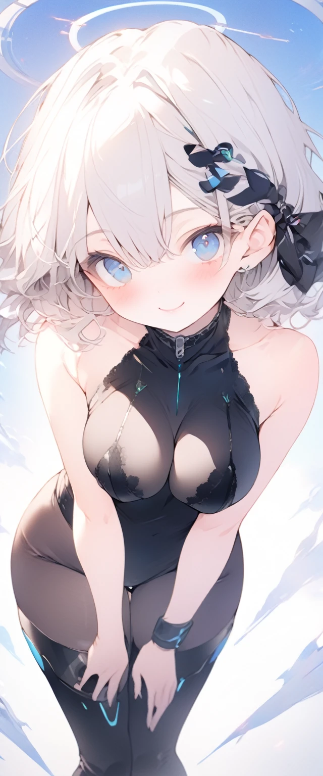 beautiful, masterpiece, Highest quality, anime, One girl, C Cup,Portrait Shot, View your viewers, Covered、Short Hair、nearby、Blue Eyes、art、、White hair,Blue streaked hair、wallpaper、hairpin、Cute smile、Thighs、Sci-fi hair accessories、Sci-fi knee-high boots、Cute、Sci-fi body stockings、blue sky、Leather material、、Beautiful breasts、
