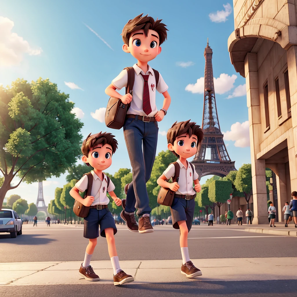 I want a picture of 15-year-old students, boys, not girls, carrying bags and running down a street with the Eiffel Tower behind them.