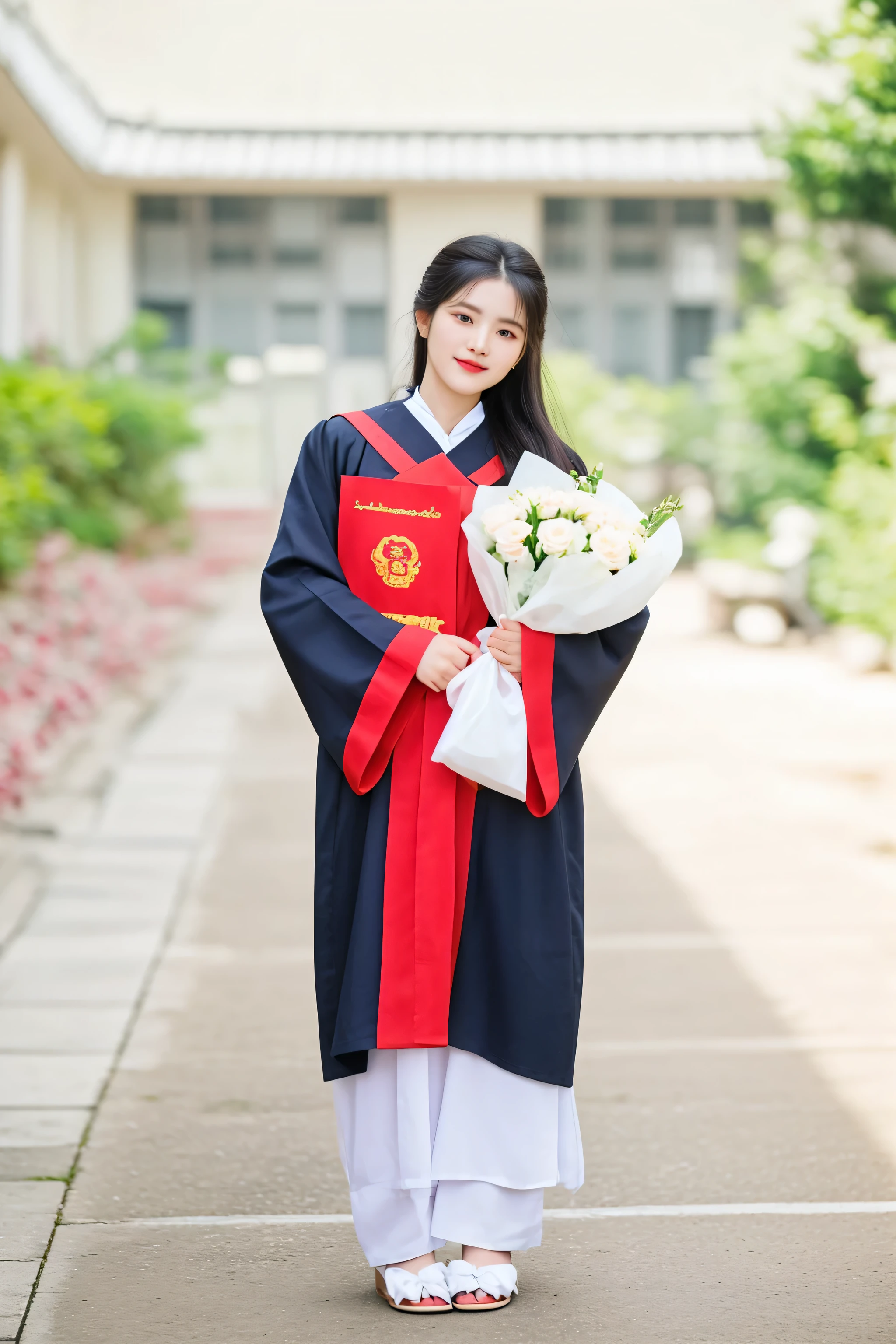 woman in graduation gown holding bouquet of flowers and a red ribbon, wearing an academic gown, ao dai, graduation photo, wearing long royal robe, academic clothing, wearing long gown, traditional tai costume, korean woman, wearing robes and neckties, wearing robe, hanfu, student, chinese girl, traditional chinese clothing, vietnamese woman, wearing a long flowing robe