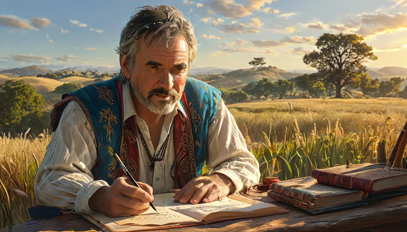 Middle-aged man writing on paper with brush in small study, shabbily dressed, full body, wide angle, 4K (man) high resolution, sharp focus, (ultra detailed, highly detailed), (photorealistic artwork: 1.37), (highly detailed CG Unity 8k wallpaper), (((vibrant colors, vibrant theme))), (intricate), (masterpiece), (best quality), art photography, (photo by sldr), (intricate background), perfectly rendered face, perfect facial details, realistic face, photorealistic, ((intricate details)), (((realism))), full body, wide field of view,