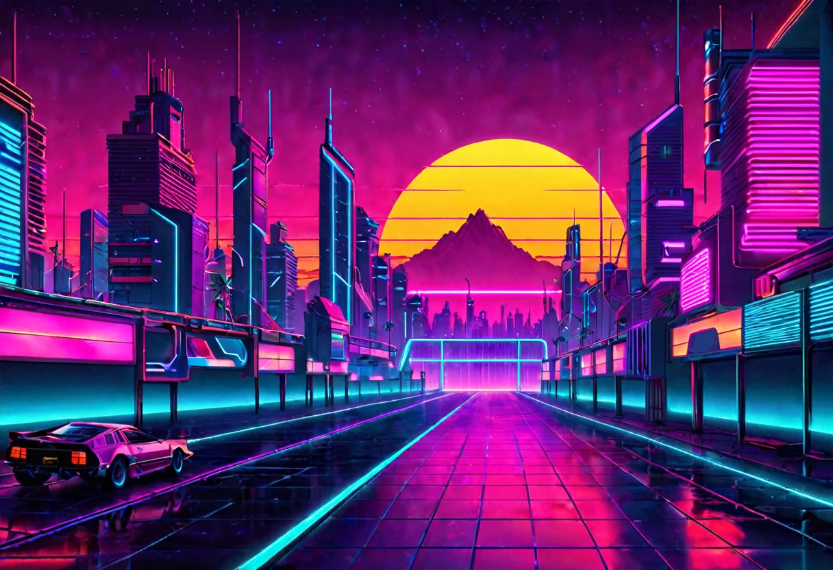 Create a realistic landscape background for gaming Twitch chanell in a synthwave style from the 1980s. The scene should feature a neon grid, vibrant colors, and a detailed retro-futuristic cityscape in the background. Include realistic lighting and shadows to enhance the overall realism of the image. Dimensions: 1200x480