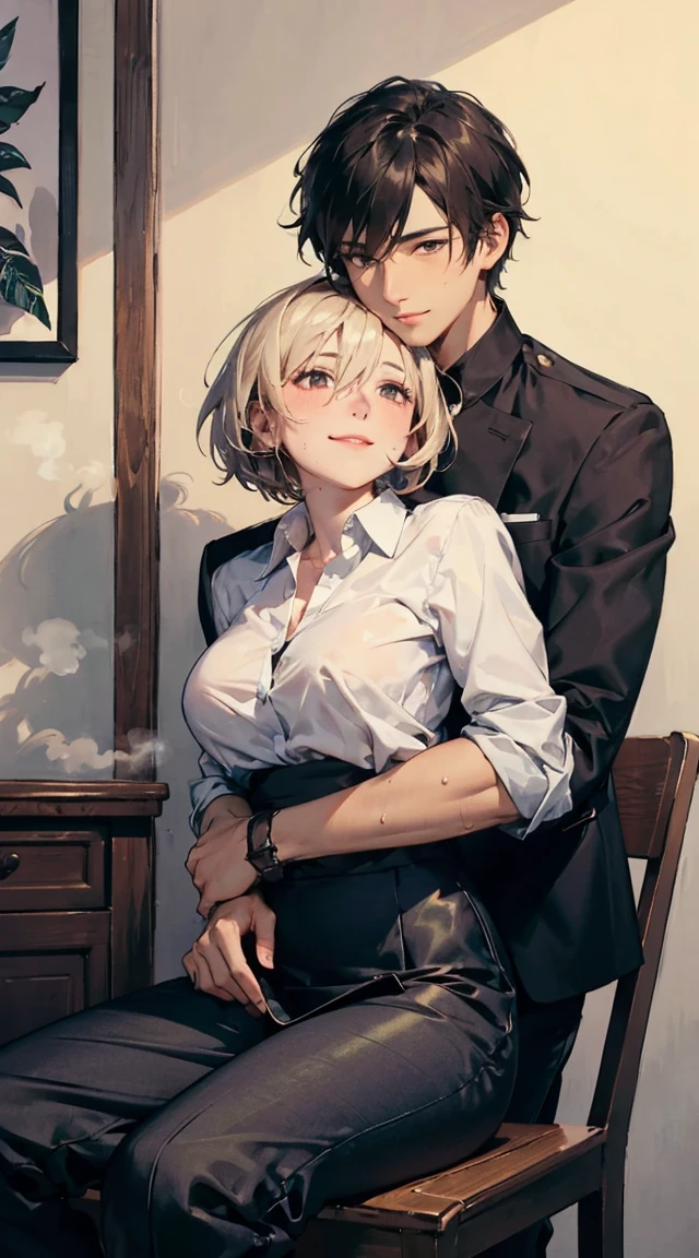 girl, sweat, steam, medium breast, shy, detailed hand, shy, light smile, looking at viewer,top-quality　​masterpiece　Male and female couples　Girl sitting on a chair wearing a tight skirt over a blouse。Boys hugging each other from behind。Boys wearing high school long pants uniforms with mash cut hairstyles。Without glasses、Revenge relationship