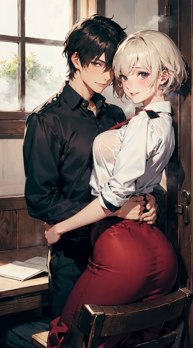 girl, sweat, steam, medium breast, shy, detailed hand, shy, light smile, looking at viewer,top-quality masterpiece Male and female couples Girl sitting on a chair wearing a tight skirt over a blouse。Boys hugging each other from behind。Boys wearing high school long pants uniforms with mash cut hairstyles。Without glasses、Revenge relationship