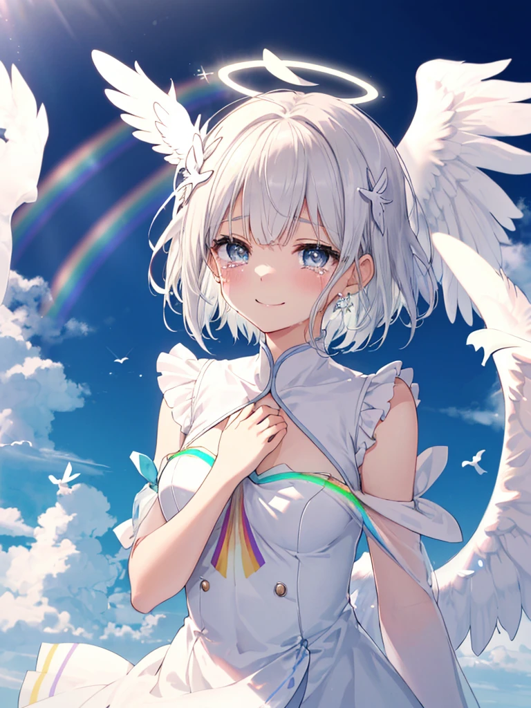 (((Extreme close-up tears smile Low - Angle Dove of peace Angel Halo))) ((輝くtears Rainbow Eyes Short Hair Receiving the light Rainbow light Place your hand on your chest)) (Shining Edge Pillar of Light)