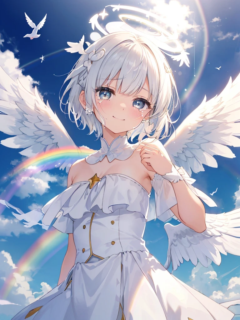 (((Extreme close-up　tears　smile　Low - Angle　Dove of peace　Angel Halo)))　((輝くtears　Rainbow Eyes　Short Hair　Receiving the light　Rainbow light　Place your hand on your chest))　(Shining Edge　　Pillar of Light)