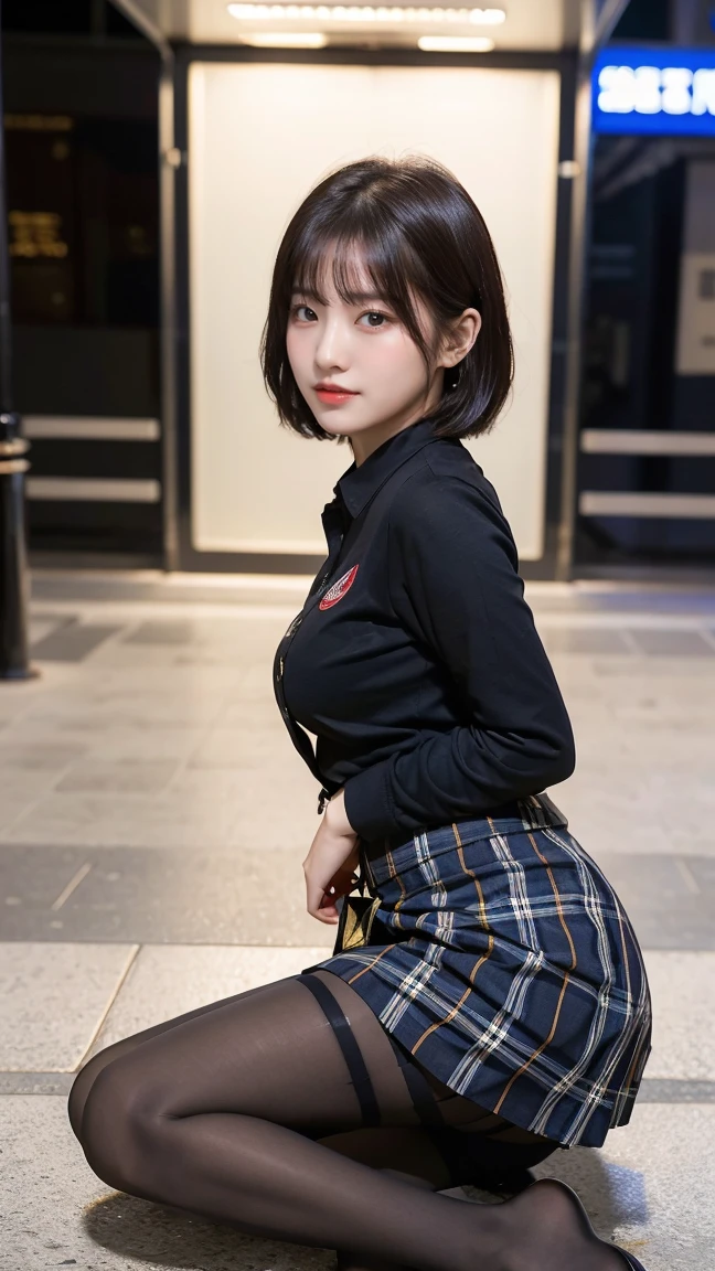 (8k), (highest quality: 1.2), (Realistic), (Realistic: 1.37), Ultra-high resolution, (1 girl), cute, A shy smile, Mouth closed,Red cheeks with embarrassment, Beautiful details, Beautiful Nose, Black short bob hair, bangs,Giant Dulcefo,University Uniforms,Simple white Y-shirt,Pleated skirt,(The pattern of the skirt is a tartan check pattern:1.3),(Sitting:1), Sitting on the ground in the city at night,(closed up shiny pantyhose:1.2),(From the side),Bring your face closer