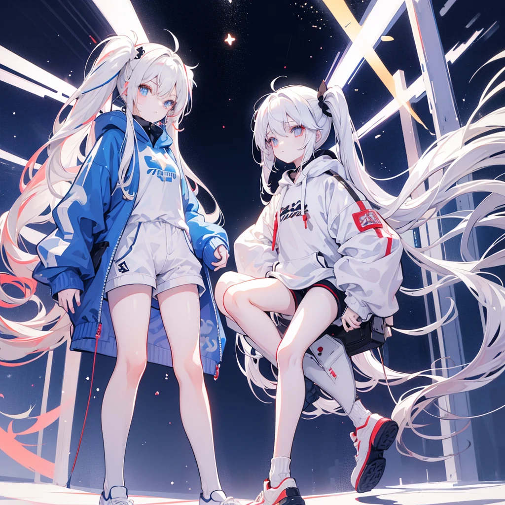 Two girls,
the first one has red eyes and beige hair in twin tails,
the second one has blue eyes and white hair in side tails,
they are both wearing sporty hoodies and shorts in monochrome, colorful on white background, glowing, stars, light, ephemeral,, mirrornun