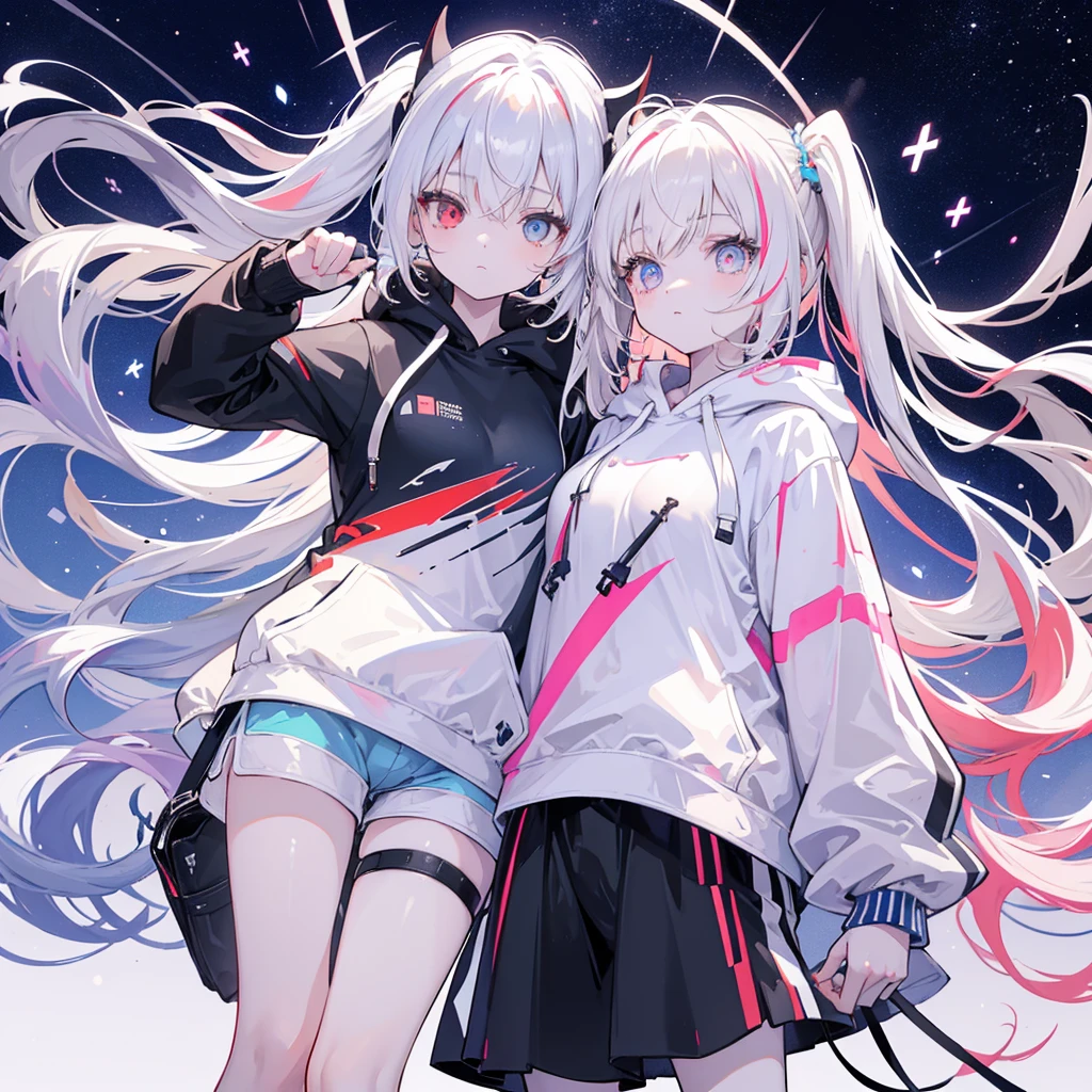 Two girls,
the first one has red eyes and beige hair in twin tails,
the second one has blue eyes and white hair in side tails,
they are both wearing sporty hoodies and shorts in monochrome, colorful on white background, glowing, stars, light, ephemeral,, mirrornun