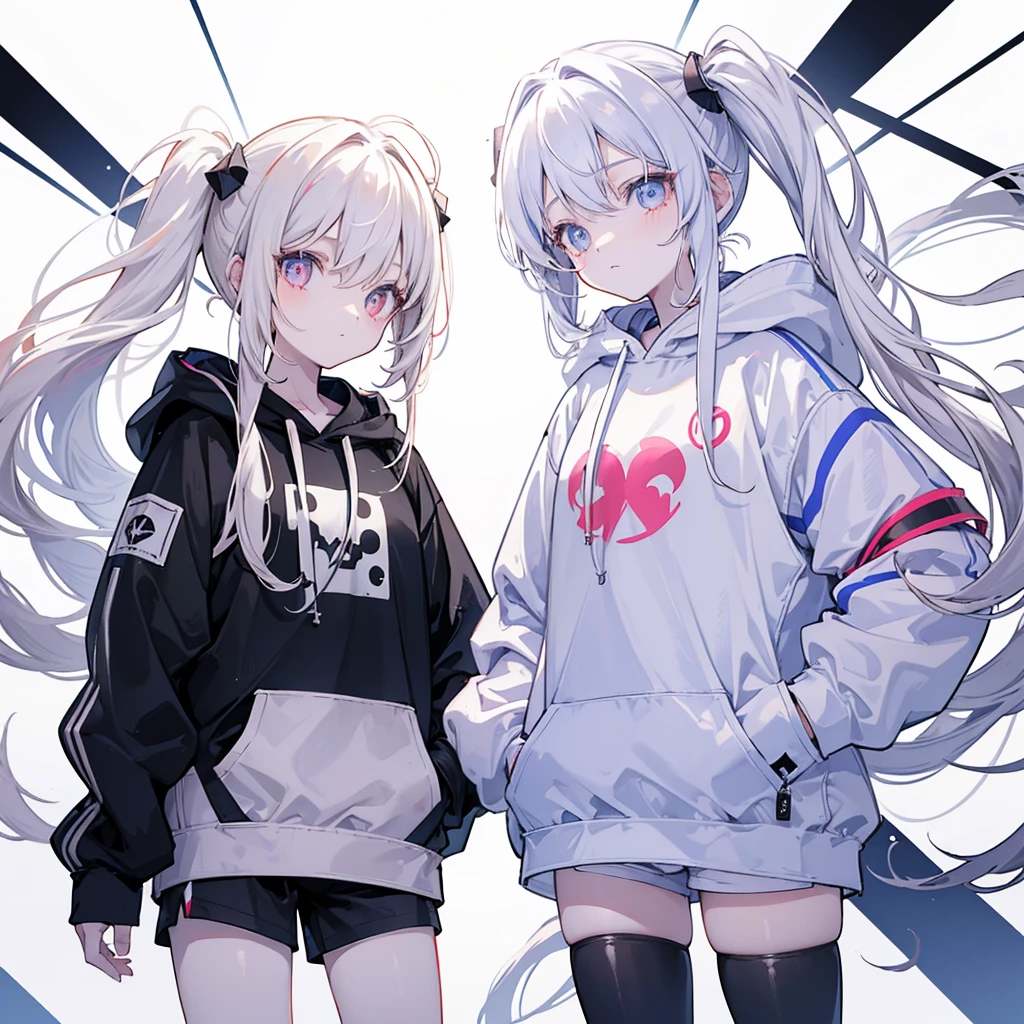 Two girls,
the first one has red eyes and beige hair in twin tails,
the second one has blue eyes and white hair in side tails,
they are both wearing sporty hoodies and shorts in monochrome, colorful on white background, glowing, stars, light, ephemeral,, mirrornun