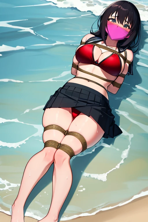 1 girl, detailed blue eyes, lange wimpern, detailed beautiful face, 4k quality, (Long black hair:1.4), (arms behind back:1.6), gefesselte Arme, Red rope, (blushing:1.3), (Big boobs:1.2), (weißer Bikini mit schnürung, black skirt, school girl, 18 jears old:1.6), OTN, Gag, gagged, shibari, liegend im wasser, nah aufnahmen, wet skin, laying in beach water, liegend