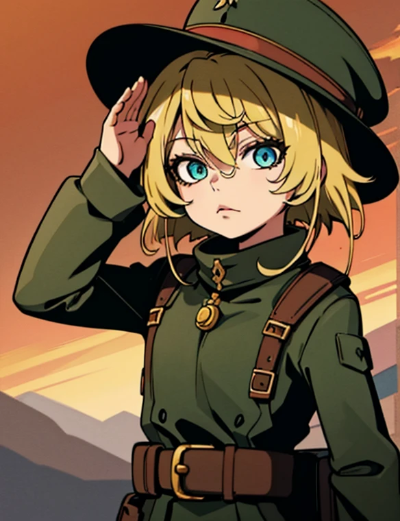 masterpiece、highest quality、very beautiful、Disorganized、Super detailed:0.3、 、、1girl、Degurechaff asked、Childhood Senki、Cowboy Shot、 solo、Looking at the viewer、short hair、Blonde Hair、gloves、hat、Hair between the eyes、Yellow Eyeilitary、Peaked hat、military hat、salute、mad look、score_9、source_anime 、