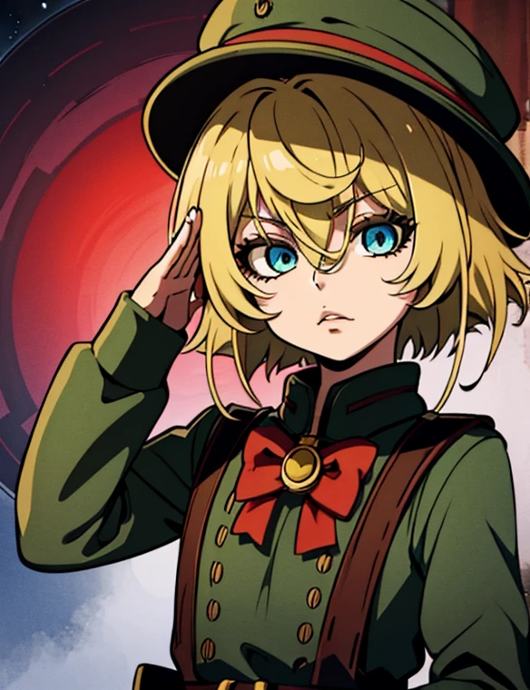 masterpiece、highest quality、very beautiful、Disorganized、Super detailed:0.3、 、、1girl、Degurechaff asked、 Senki、Cowboy Shot、 solo、Looking at the viewer、short hair、Blonde Hair、gloves、hat、Hair between the eyes、Yellow Eyeilitary、Peaked hat、military hat、salute、mad look、score_9、source_anime 、