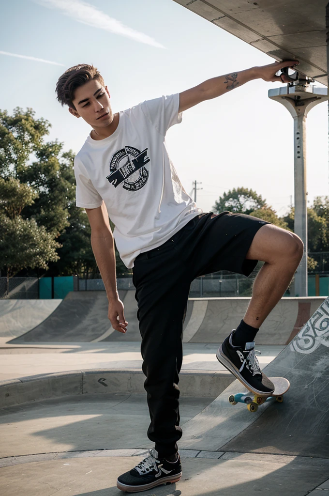 20 years old man playing skateboard at skate park